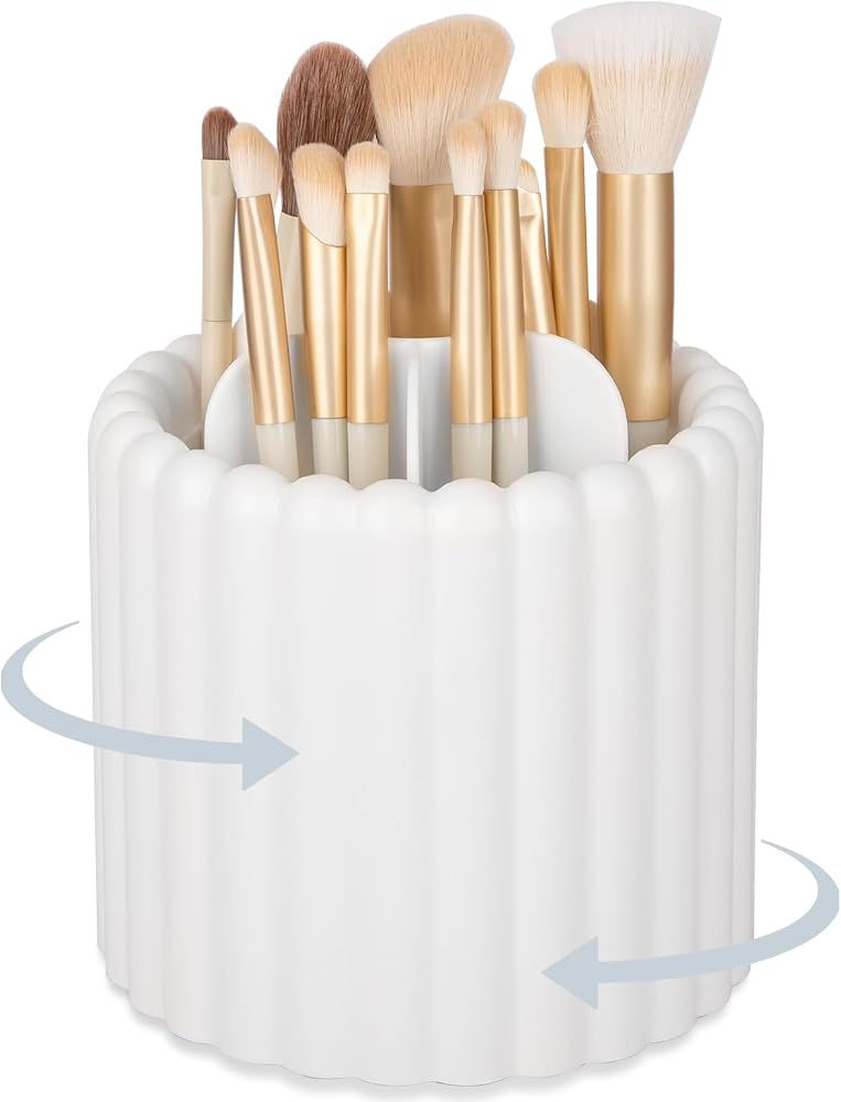 Rotating Makeup Brush Holder Organizer with Removable Dividers, White