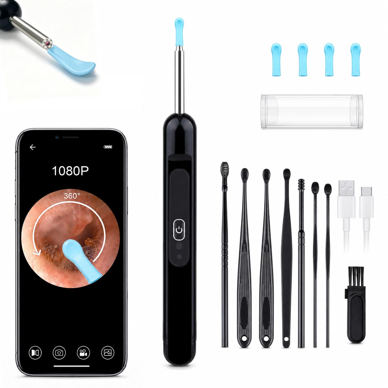 Ear Wax Removal with Camera 1080P HD, IP67 Waterproof Black