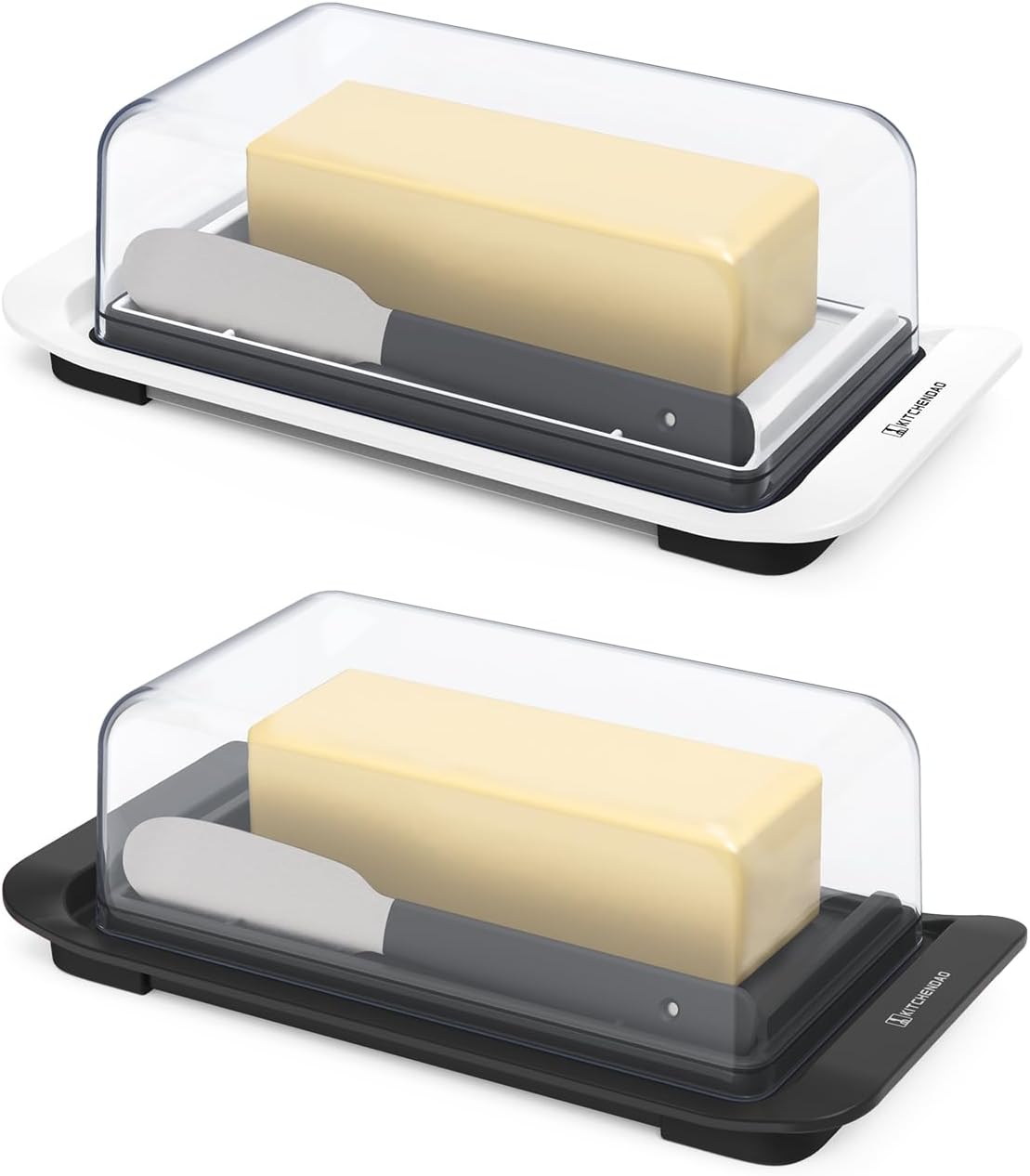 KITCHENDAO Airtight Butter Dish with Lid and Knife （White and Black）