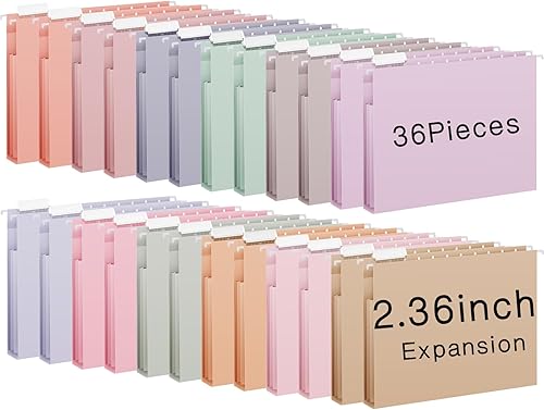 Yaomiao 36 carpetas colgantes expansibles de tamaño carta, bolsillos colgantes de 2.36 pulgadas con pestañas y etiquetas, armarios multicolores para