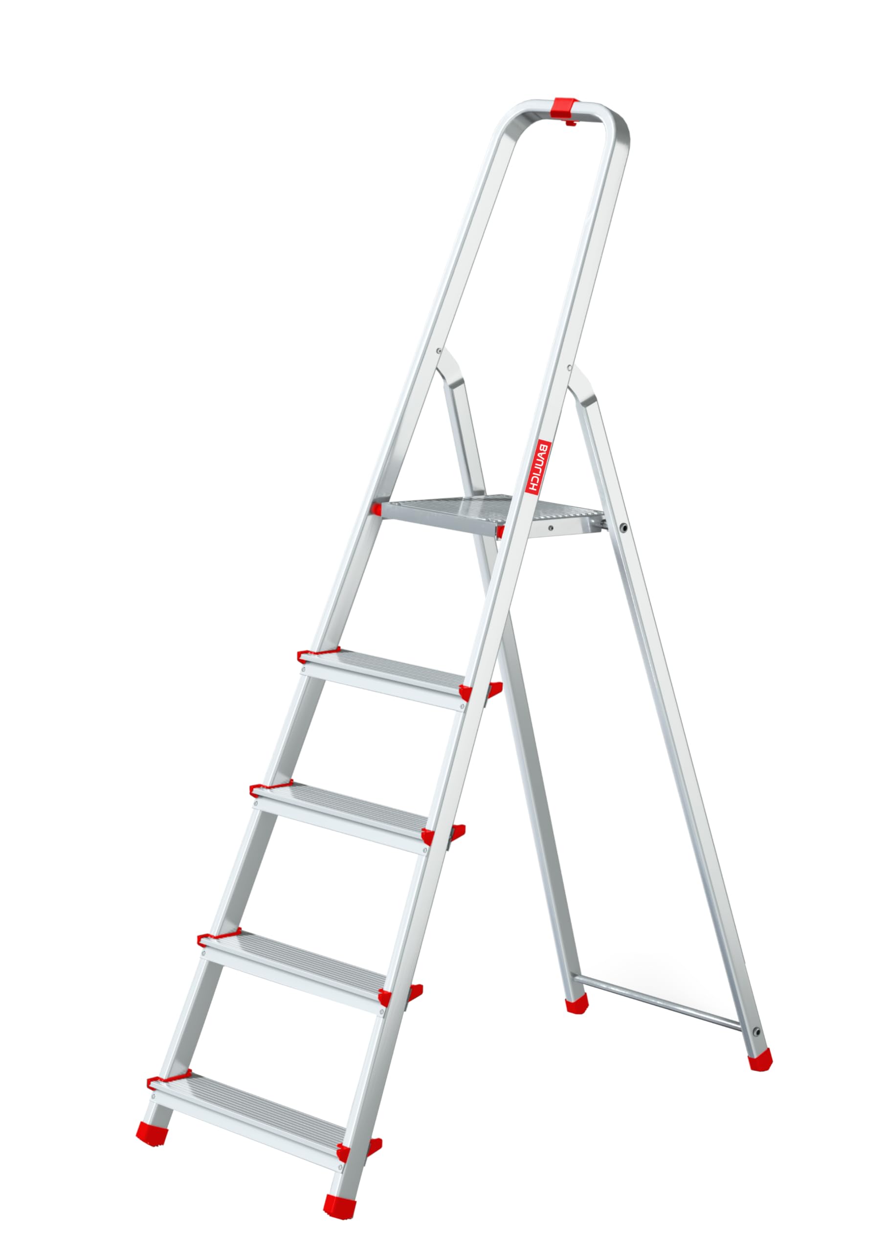 Scala a Gradini in Alluminio - 5 Gradini, con Gancio e 4 Terminali Antiscivolo - Struttura Solida ed Ergonomica, Facile da Trasportare - 168x45x12cm - Portata fino a 125 kg