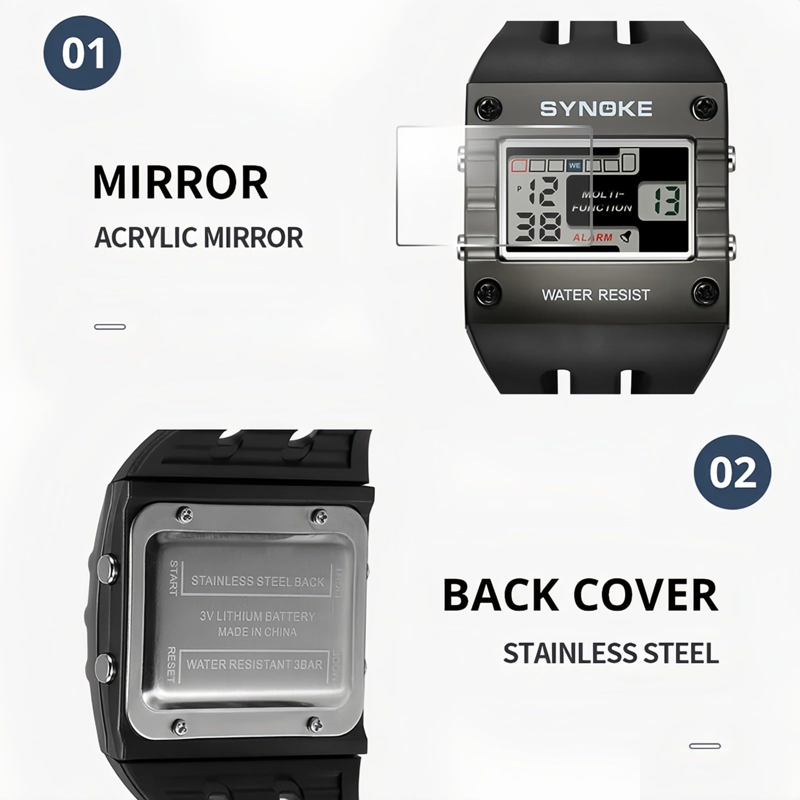 Orologio da polso da uomo, stile retrò, sportivo, digitale, multifunzione, con quadrante grande, rettangolare, retroilluminato, cinturino in poliuretano, cronometro, sveglia, data, stile casual