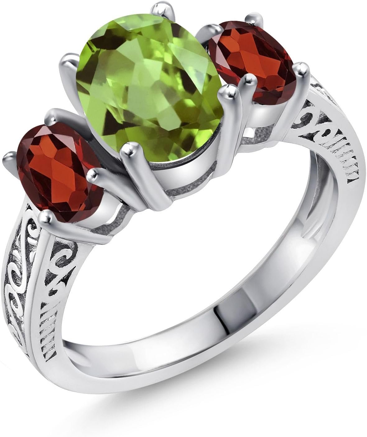 Gem Stone King 2.45 Cttw Green Peridot and Red Garnet 3-Stone Ring For Women | 925 Sterling Silver | Gemstone Birthstone | 3 Stone Wedding Engagement Anniversary Promise Ring For Women