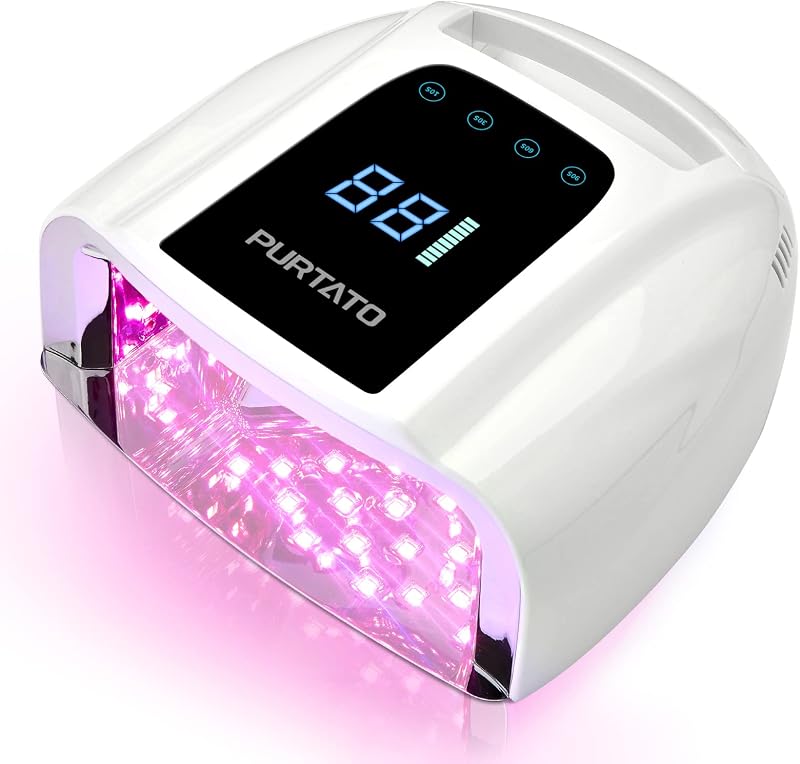 PURTATO Professional Rechargeable 96W UV LED Portable Cordless UV Light for Nail Lamp Machine with Removable Stainless Steel Bottom,4 Timer Setting and Smart Sensor Nail Dryer (White)