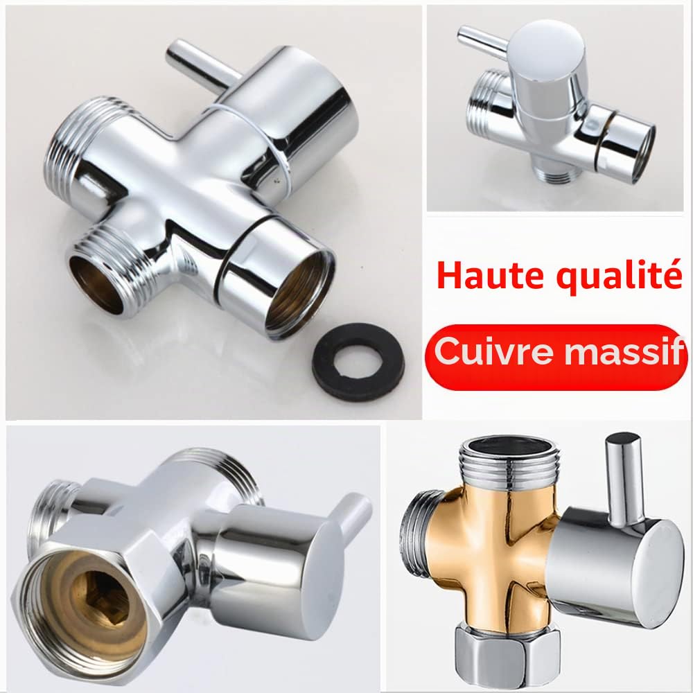 Vanne de dérivation de douche, adaptateur en T à 3 voies pour inverseur de bras de douche, entrée mâle G1/2 x sortie G1/2 et G3/4