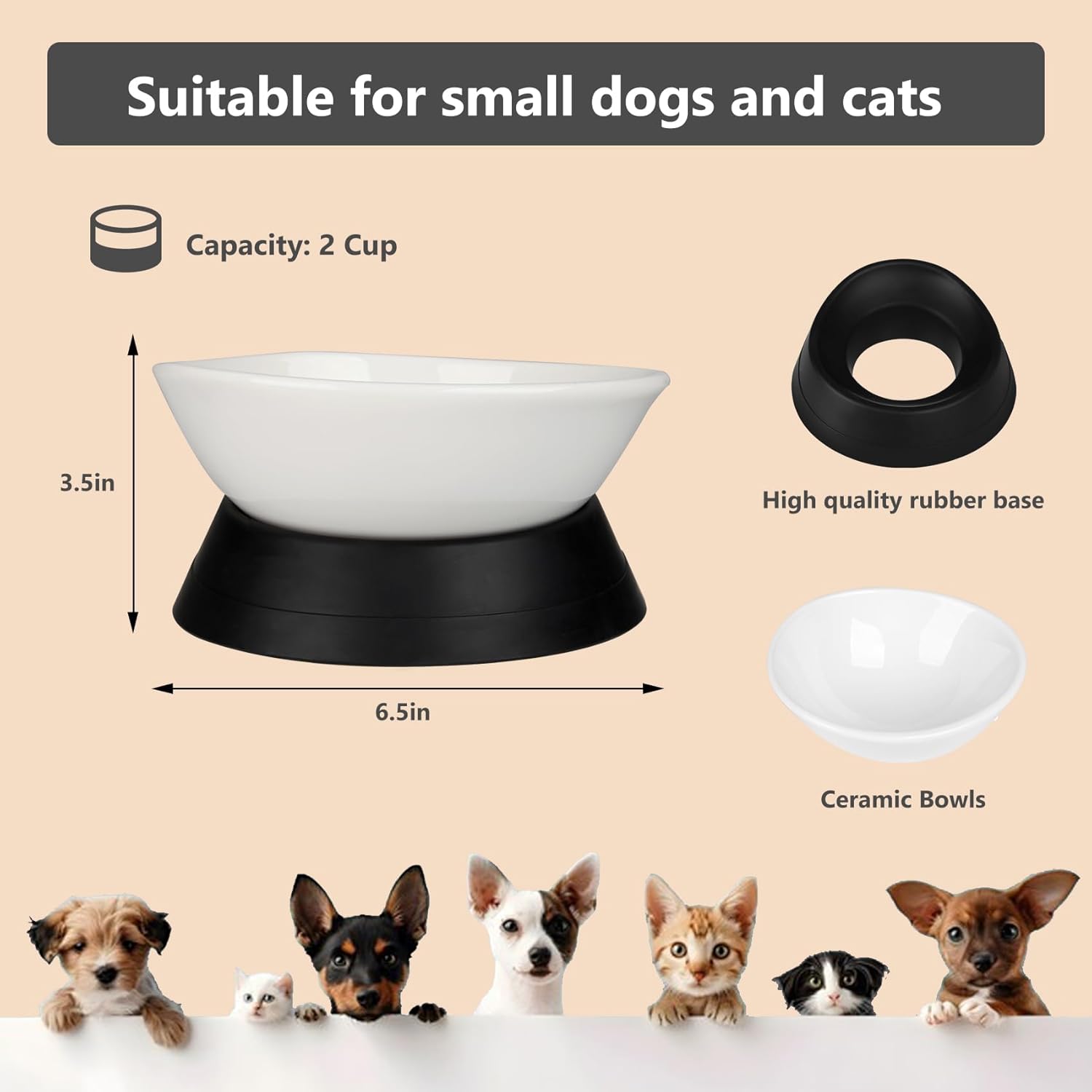 French Bulldog Food Bowl- Slanted Tilted Pug Food Water Bowl,Cat Bowl- Feeder for Frenchie/Shih Tzu/Flat Faced Small Dogs/Puppies/Cats (White（Ceramic）, 2 Cup)