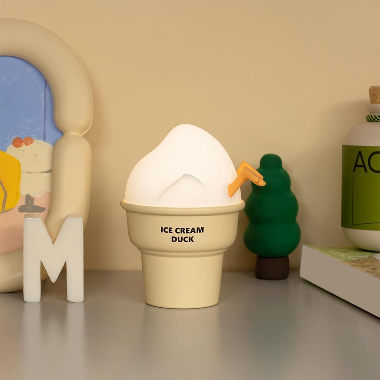 Marys Cute Duck Ice Cream Night Light for Kids - Touch LED, Rechargeable 1200mAh, Soft Lighting - Decorative and Bedside Lamp Yellow
