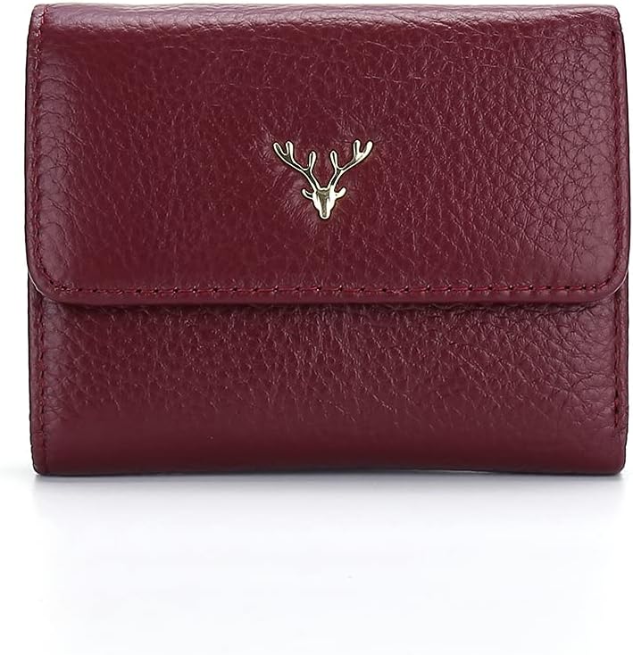 New Genuine Leather Flap First Layer Cowhide Card Holder Ladies Fashion Multi-Function Purse Trendy Women's Small Trifold Wallet, Wine Red, Small, Modern