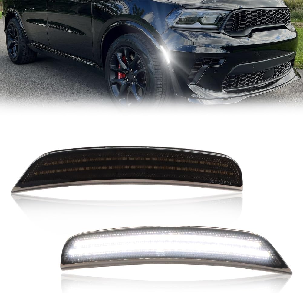 LED Front Side Marker Lights Assembly for 2021 2022 2023 2024 Dodge Durango Front Bumper Marker Signal Lamps, Replace OEM Smoked Lens Amber LED Side Turn Signal Lamps, 2 PCS