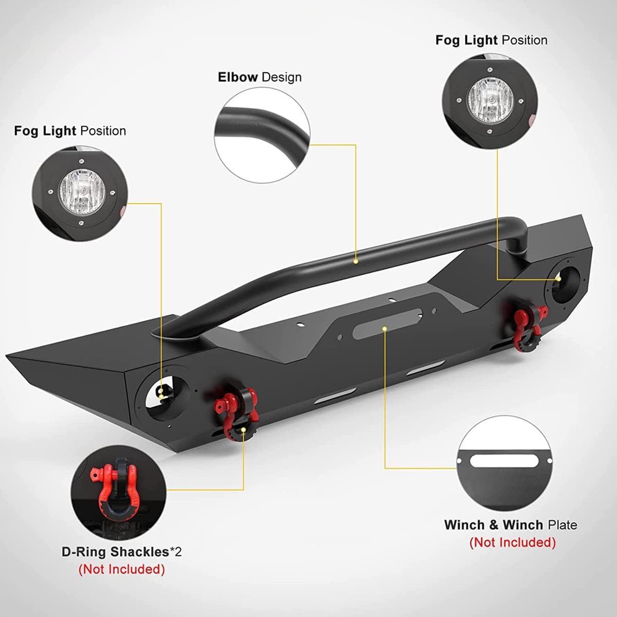 Front Bumper Fit 2018-2026 Jeep Wrangler JL/2019-2026 Jeep Gladiator JT / 2007-2018 Jeep Wrangler JK, Off Road Rock Crawler Textured Black Bumper with Winch Plate & 2 × D-Rings & Fog Holes