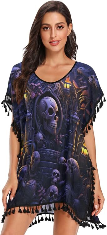 Halloween Purple Skull Art Womens Beach Cover Up Chiffon Tassel Swimwear Swimsuit Coverups for Girl