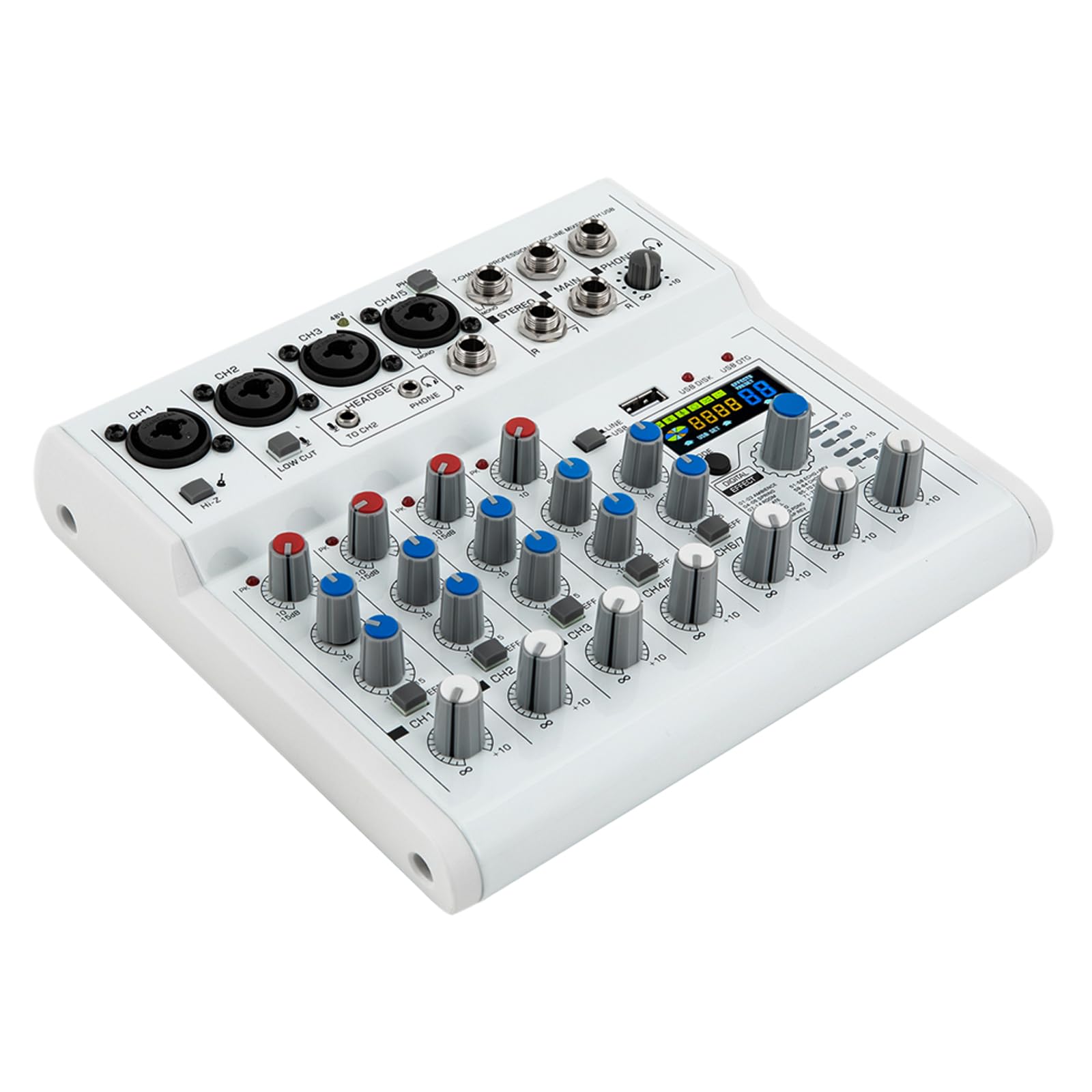 Mixer bianco a 7 canali, mixer audio a 7 canali, mixer musicale a 7 canali, 18,3 x 20,8 x 4,5 cm, per spettacoli sul palcoscenico, nastro nuziale, karaoke live streaming