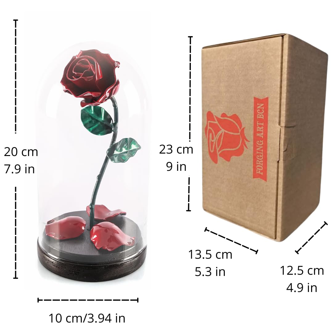 Forging Art Bcn® Rosa Encantada Forjada a Mano en Cúpula de Cristal Bella y Bestia- Regalo Día de la Madre, Sant Jordi, San Valentín, Bodas de Hierro (6 Aniversario) (Rojo/Verde)