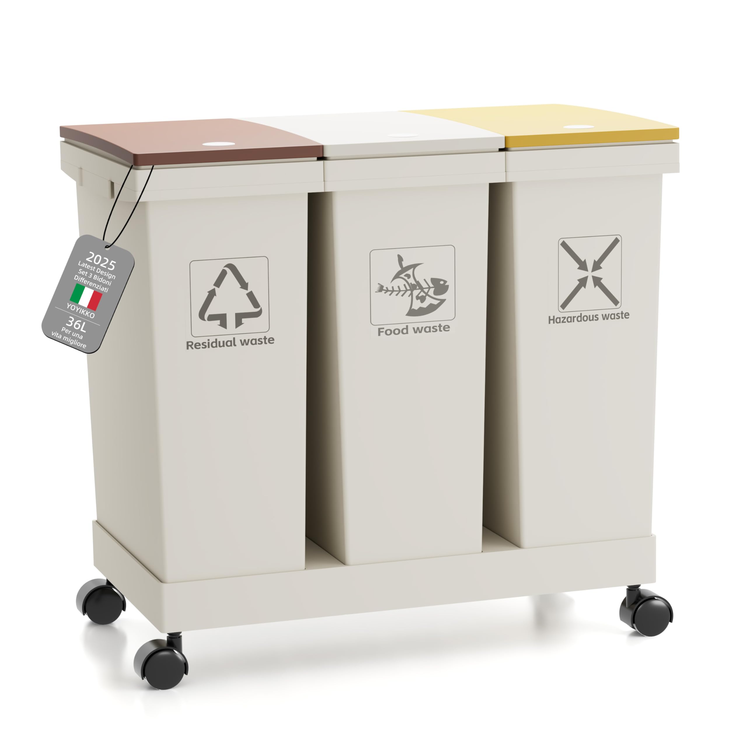 Set de 3 Botes de Reciclaje Diferenciado, Cubos de Basura, 3 contenedores con tapa, 3 x 12 l, contenedores de reciclaje removibles con ruedas, sistema de recolección diferenciada (36-100)
