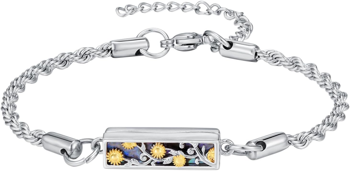 Urn Bracelet for Ashes 925 Sterling Silver Abalone Shell Tree of Life/Dragonfly/Butterfly/Sunflower Cremation Jewelry for Ashes Keepsake Pendant Locket Bracelet for Women Mom