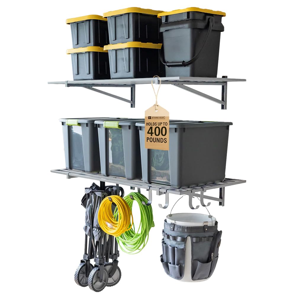 StoreYourBoard Heavy Duty Garage Shelf Wall Mount 2ft x 4ft – Wall-Mounted Shelving for Storage & Organization – Heavy Duty Garage Shelves for Tools, Bins, & Equipment – Holds 200 lbs - Black