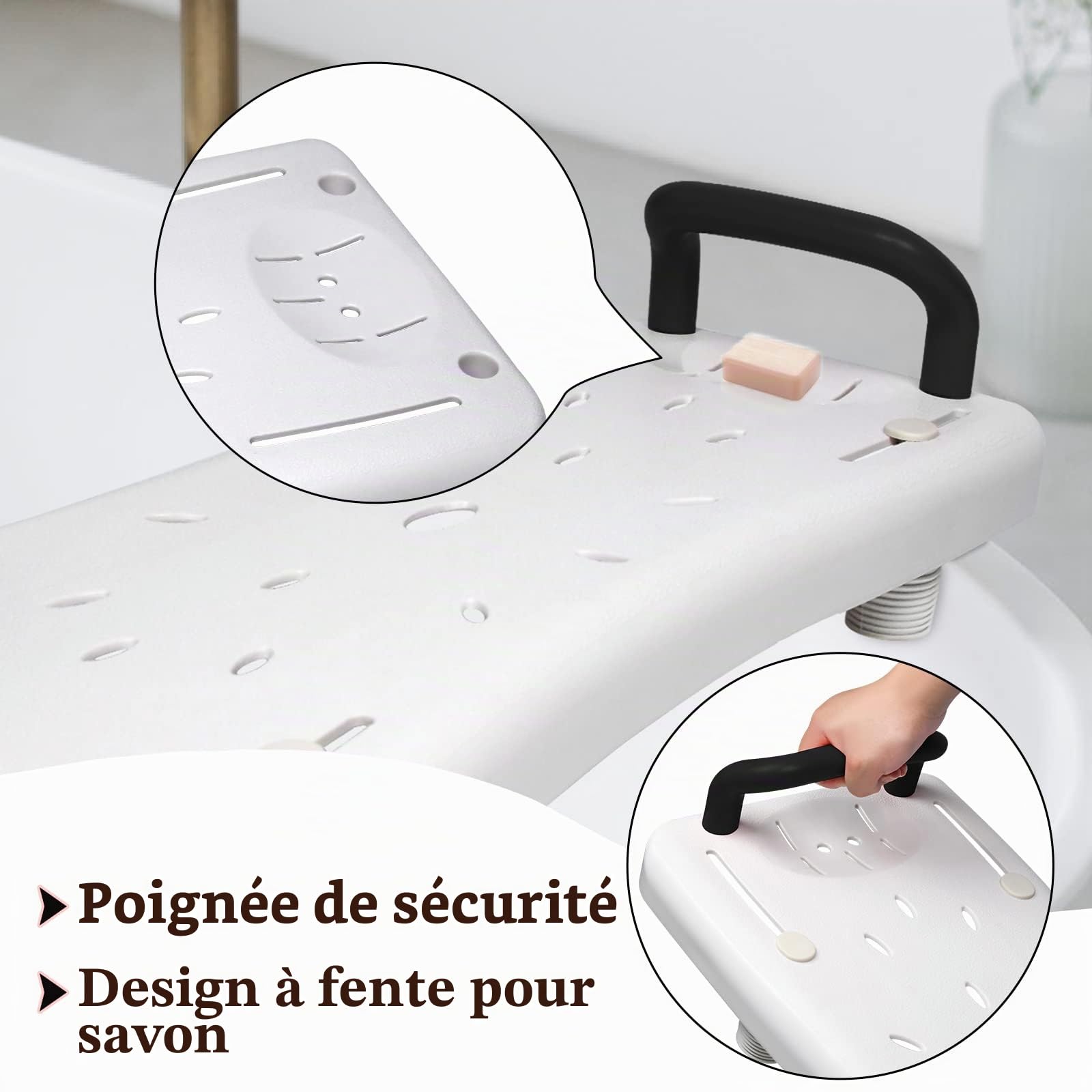 HENGMEI Siège de bain, pour personnes âgées, baignoire, aide à l'entrée, siège réglable en plastique, pour adultes, planche de douche avec porte-savon et poignée, poignée noire