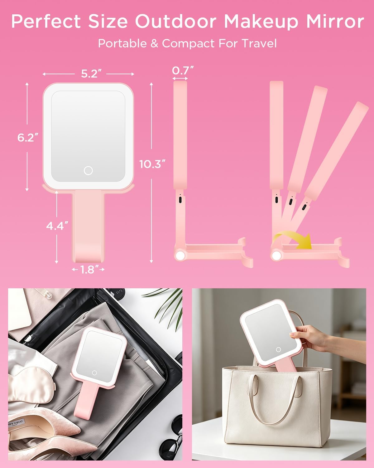 EAONE Magnifying Mirror with LED Light, Double Sided Travel Makeup Mirror 10X/1X with Storage Bag, 3 Color Lighting & Dimmable Touch Screen for Trip, Desk, Bathroom (10.3 x 5.2IN)- Pink