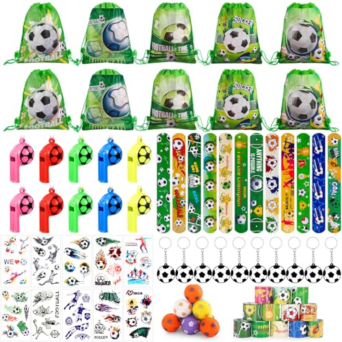 Jostift Juego de 62 regalos de fútbol para niños, regalo de fútbol para jóvenes, decoración de fútbol, mini fútbol, bolsas con cordón, pulsera de chupete, llavero