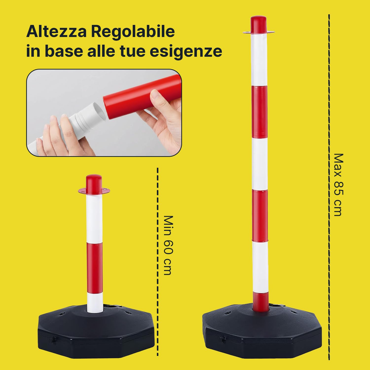 Paletti Delimitazione Set 4 con Catena 2 Metri e Base Zavorrabile 3L – Dissuasore Parcheggio PE Alta Visibilità, Paletti Parcheggio Privato, Paletti per Recinzione Interno Esterno