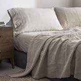 Simple&Opulence 100% Pure Linen Sheet Set King Size, Natural French Flax Solid Color 4 Pcs Washed Breathable, Farmhouse Bedding (1 Flat Sheet,1 Fitted Sheet,2 Pillowcases)-Embroidery Linen