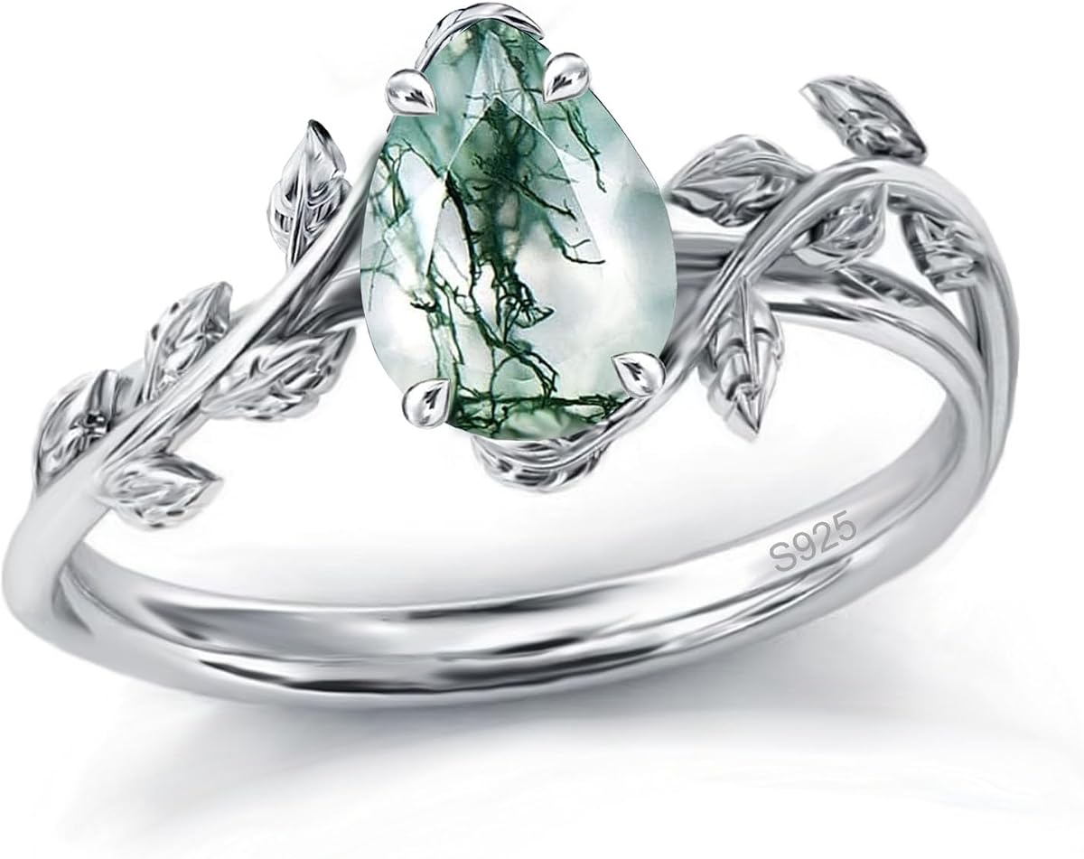 Anillo de ágata de musgo natural, plata de ley 925, anillo de piedra natal de ópalo, anillo de promesa de hoja de plata de ley 925 para su cumpleaños, aniversario, joyería para mujer
