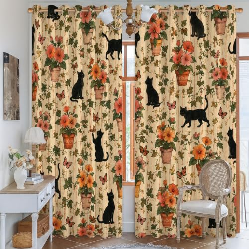 Rideaux occultants thermiques noirs 132x213 cm à œillets avec motifs de chat et fleurs pour bureau - 3