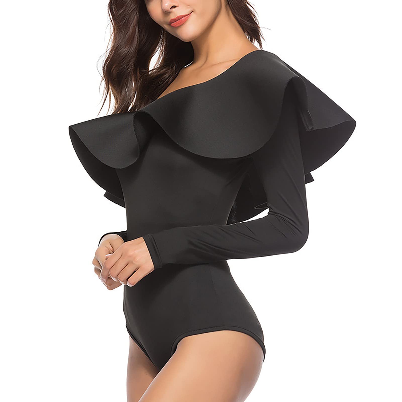 Generisch Damen Jumpsuit Onesie Damen - Schulter Rüschen Fliegen Ärmel Einfarbig Langarm Lässige Dünne Hose Mädchen