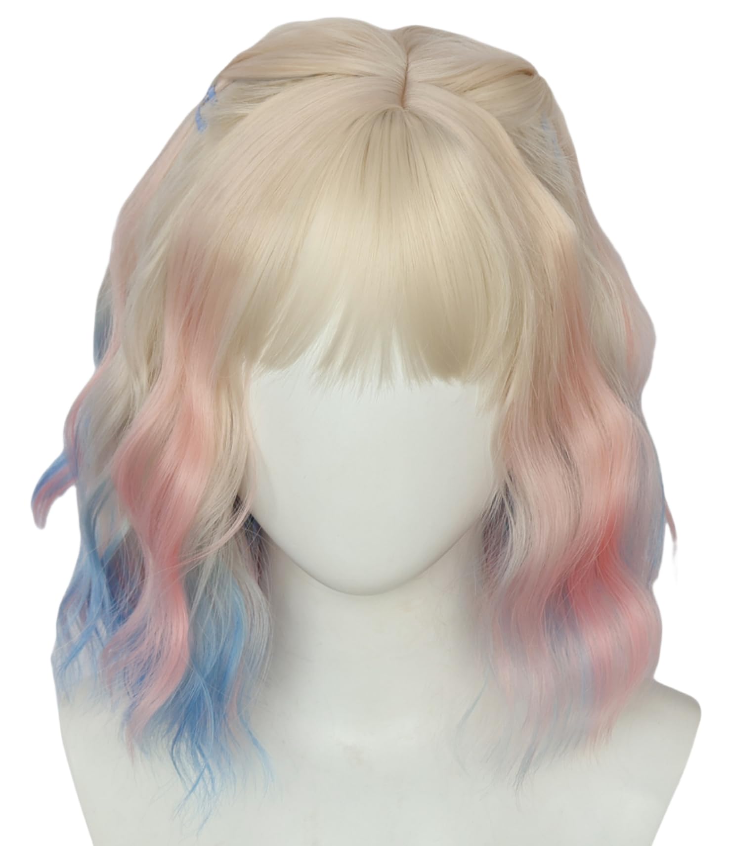 Topcosplay Short Blonde Pink Blue Curly Wig Halloween Carnival Costume Wig (Blonde mixed Pink Blue-Curly hair)