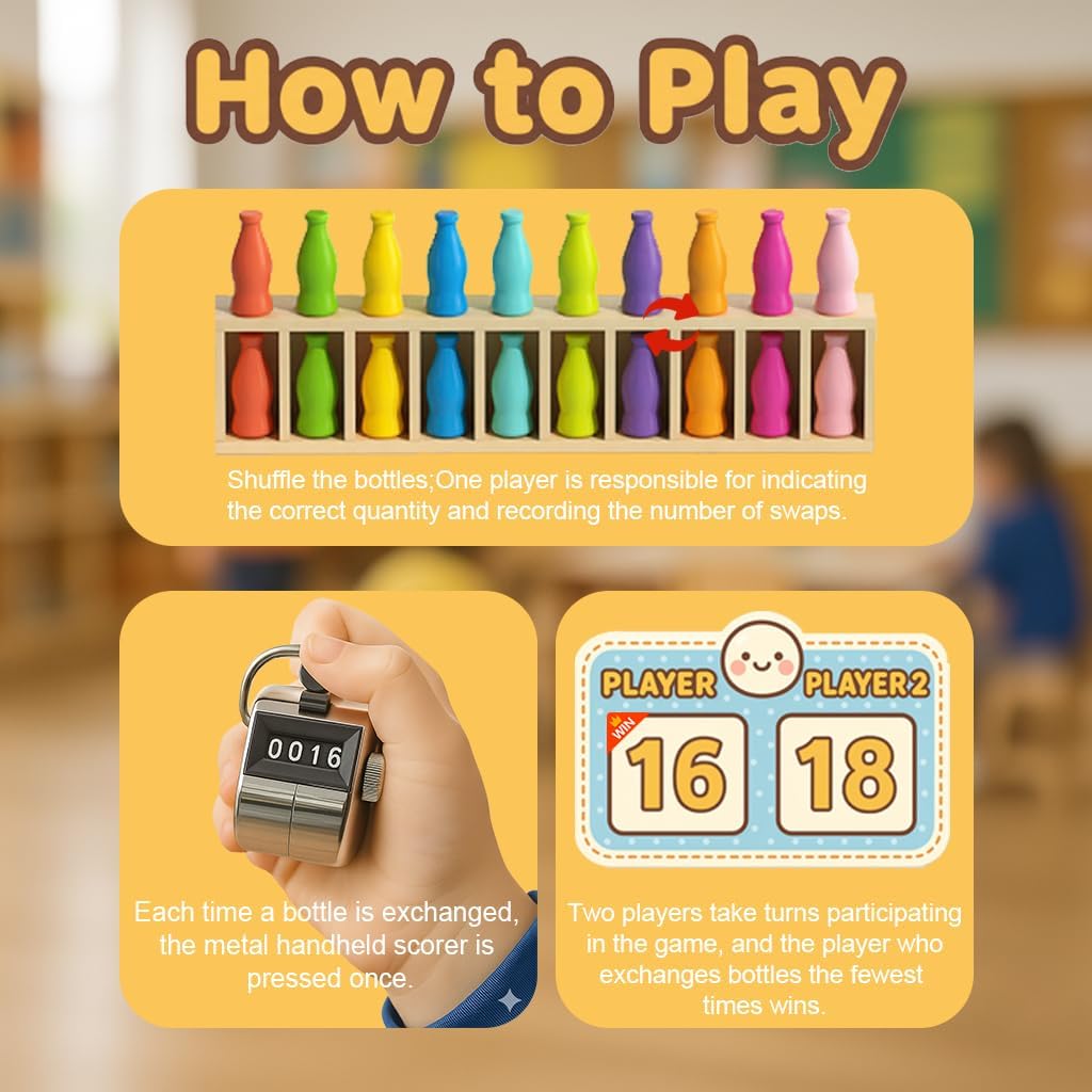 Jeu de correspondance des couleurs de bouteille, jeu de société familial amusant pour enfants de 8 à 12 ans, jeu à rabat pour 2 à 4 joueurs avec compteurs portatifs en métal, parfait pour les