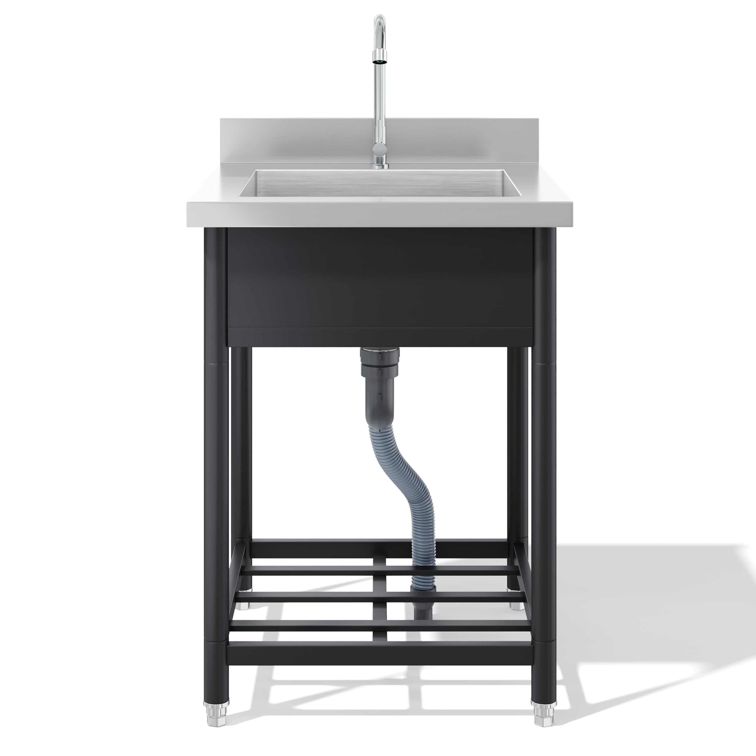 Lavello autoportante in acciaio inox con rubinetto e scarico, 60 x 60 cm, per cucina all'aperto, giardino, officina e gastronomia, robusto lavello da cucina da giardino con ripiano