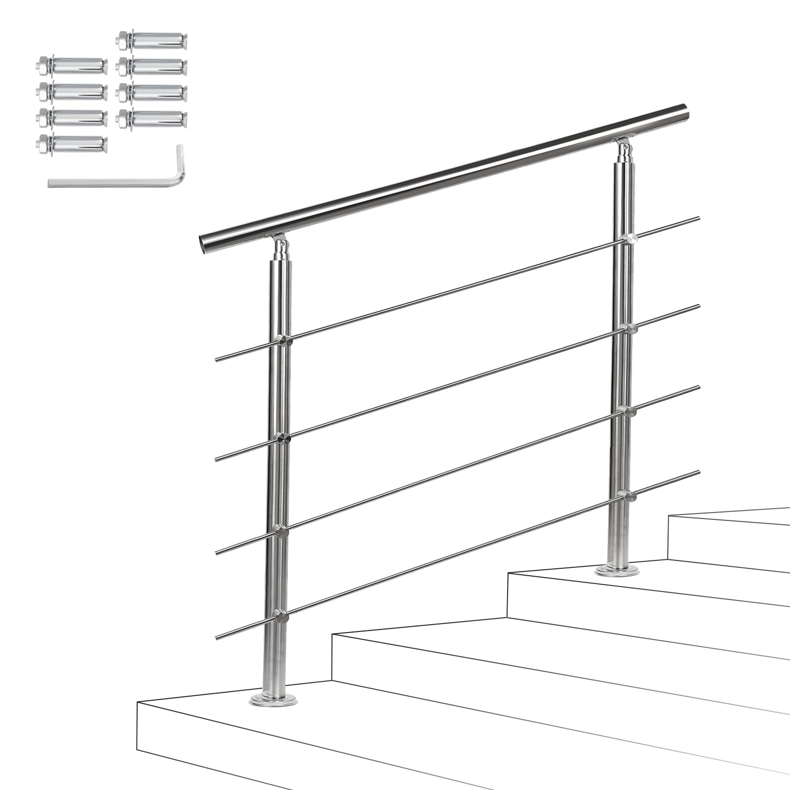 Fiqops Pasamanos de acero inoxidable para escaleras para exterior e interior 180 cm con 4 travesaños Ø 42 mm con accesorios, ángulo ajustable para escaleras, jardín, entrada de casa