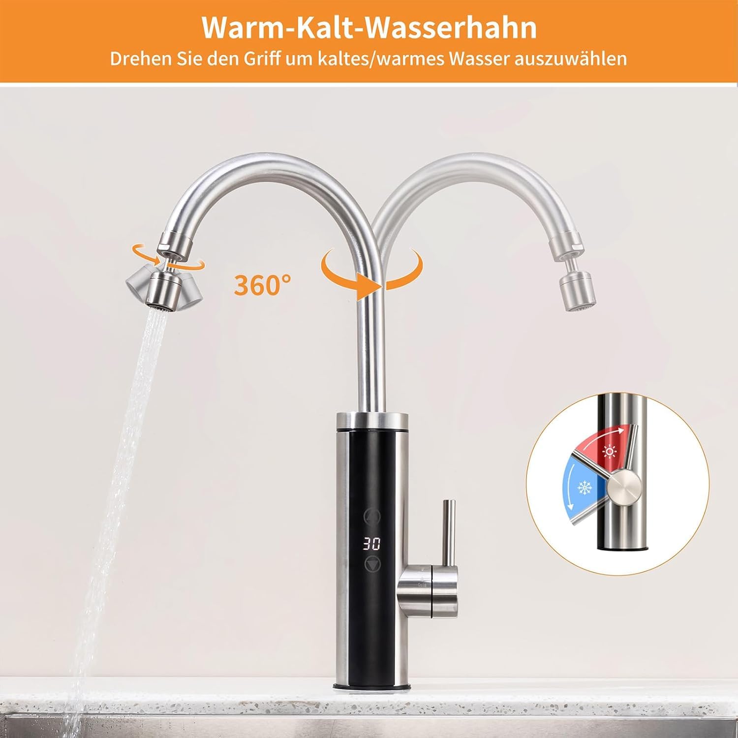 HOMELODY Elektrischer Wasserhahn mit Durchlauferhitzer 230V, Wasserhahn Küche mit Touch-Temperaturregler & LED-Display, Anti-Spritz Edelstahl Küchenarmatur, Durchlauferhitzer Küche, Garten & Camping