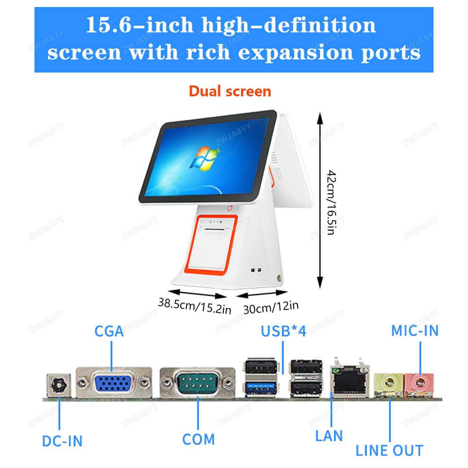Terminal TPV Todo en uno de 15,6" con Pantalla táctil capacitiva Dual e Impresora térmica de Recibos para Cadenas minoristas y supermercados. White
