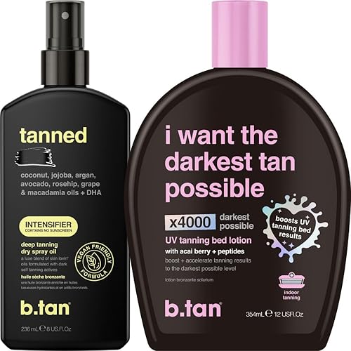 b.tan Kit de aceite de bronceado y loción para cama de bronceado UV | El mejor paquete de bronceador oscuro – Crema aceleradora de bronceado rápido,