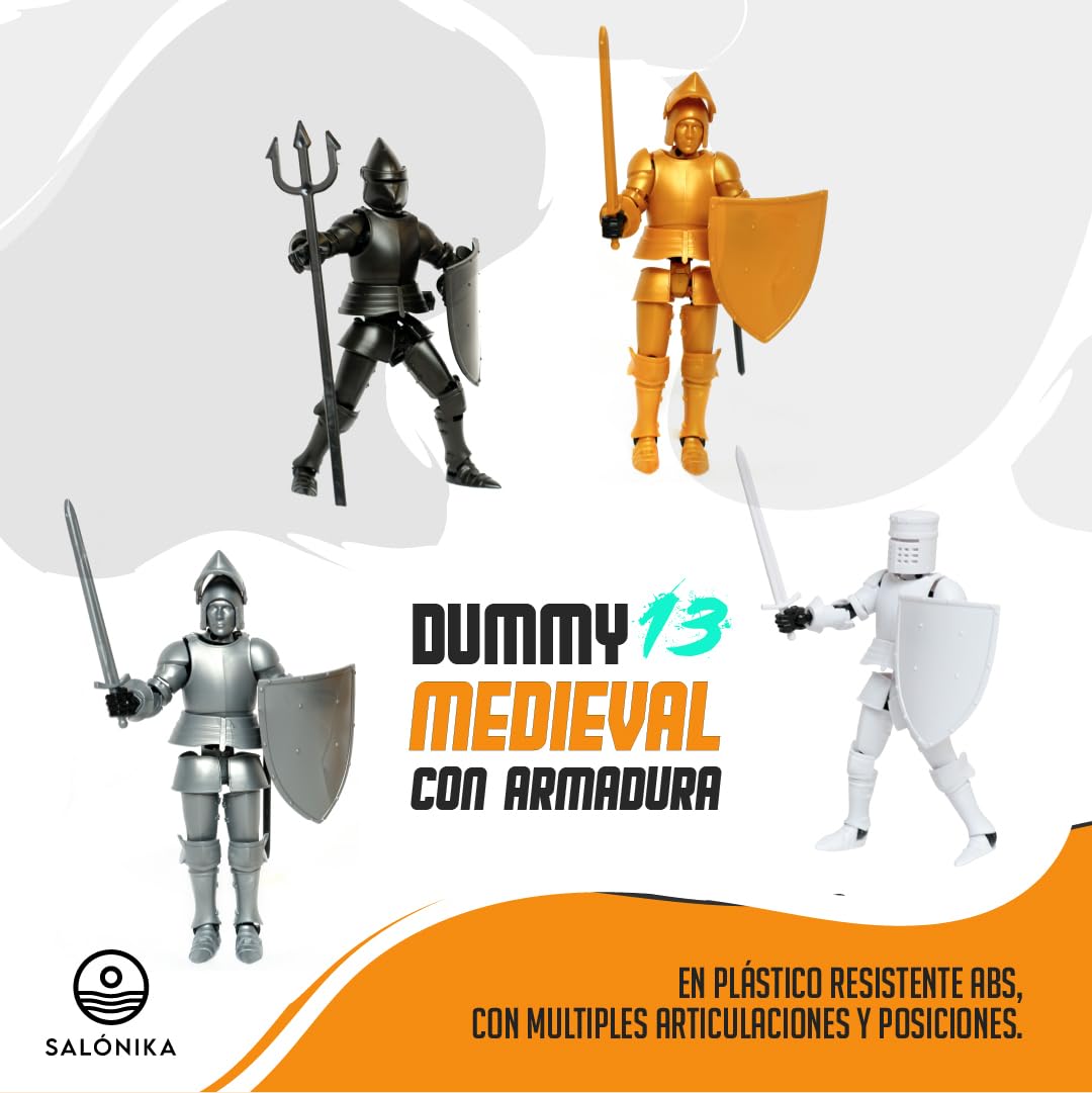 SALONIKA T13 Action Figure, Dummy 13, Figura De Accion, Caballero Medieval, Set de 2 Figuras, 15 Articulaciones, 8 Accesorios, Dorado y Plata (Blanco y Negro)