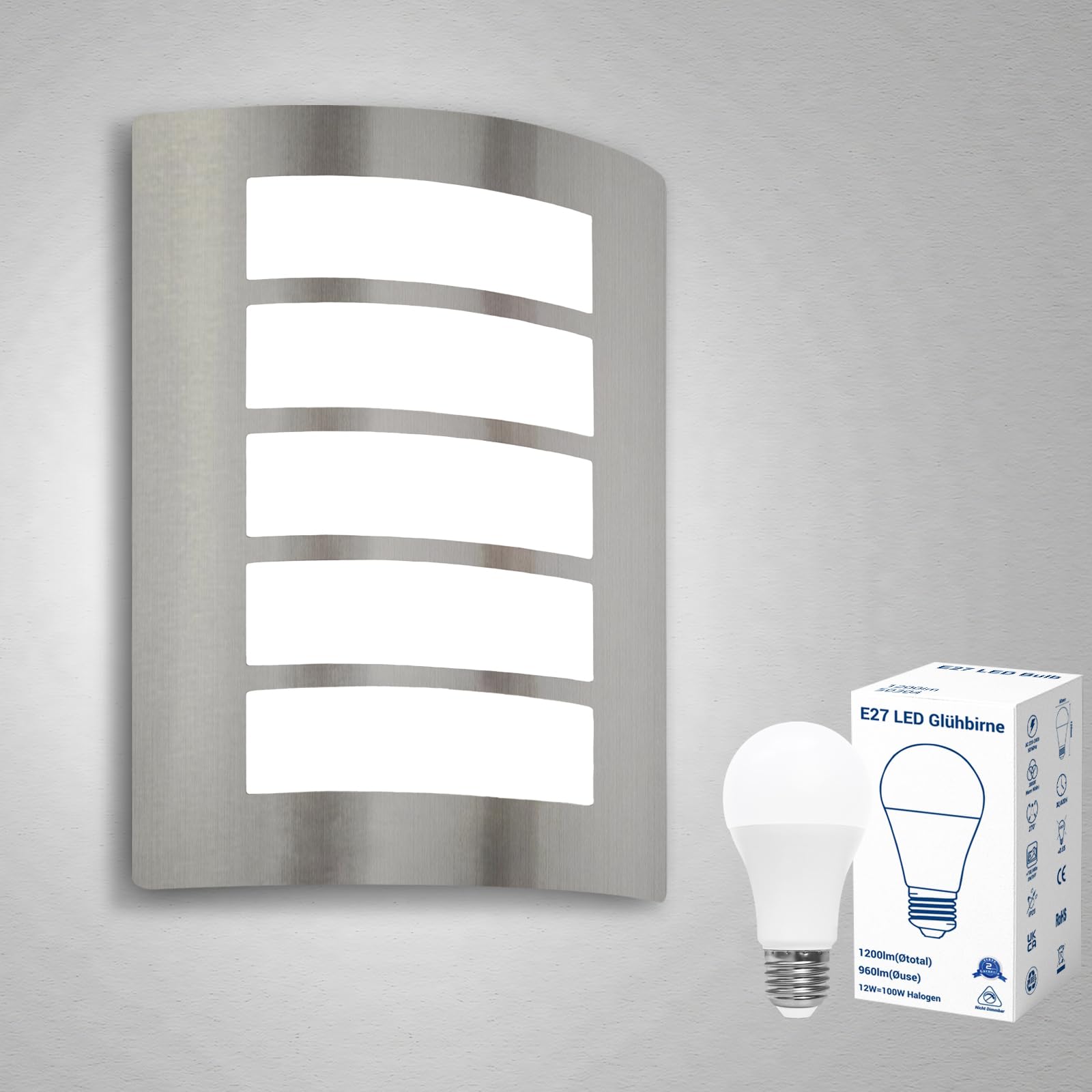 Wondlumi Outdoor Wall Lights Mains Powered IP44 Waterproof Stainless Steel Outside Wall Light for Porch Incl. 12W E27 Bulbs Cool White 6000K