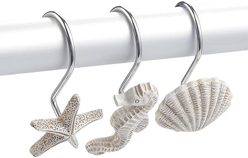 Miniatura 6 de Paquete de 12 ganchos para cortina de ducha de playa, diseño decorativo con temática de océano con caballitos de mar, estrellas de mar y conchas