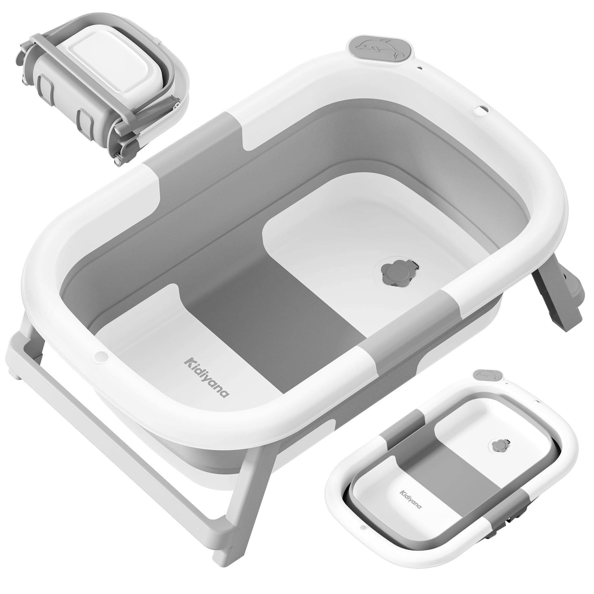 Kidiyana Baby Badewanne faltbar mit Gestell, stabil und rutschfest, platzsparend klappbar, mit Ablauf, PP & TPE, 30L, Babywanne kompakt tragbar, faltwanne, 0–3 Jahre - 2