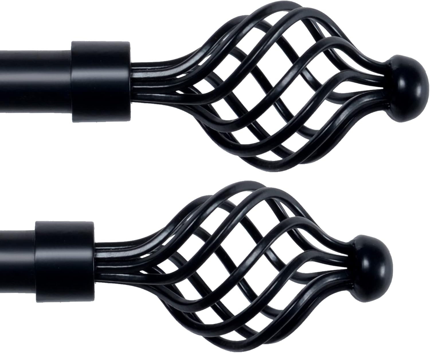 Deco Essential Set of 2 Adjustable Black Curtain Rod for Windows 66 to 120 Inch Extendable Heavy Duty Iron Drapery Pole with Twisted Cage Swirl Finials (3/4” Diameter) Pack Of 2 | 66-120 Inch