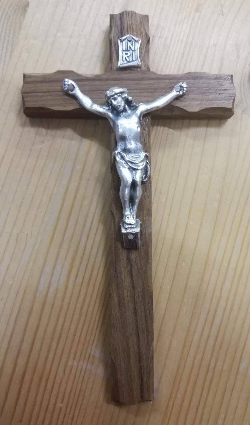 Croce in legno 25 cm ad Arco con Crocifisso in argento con Scatola