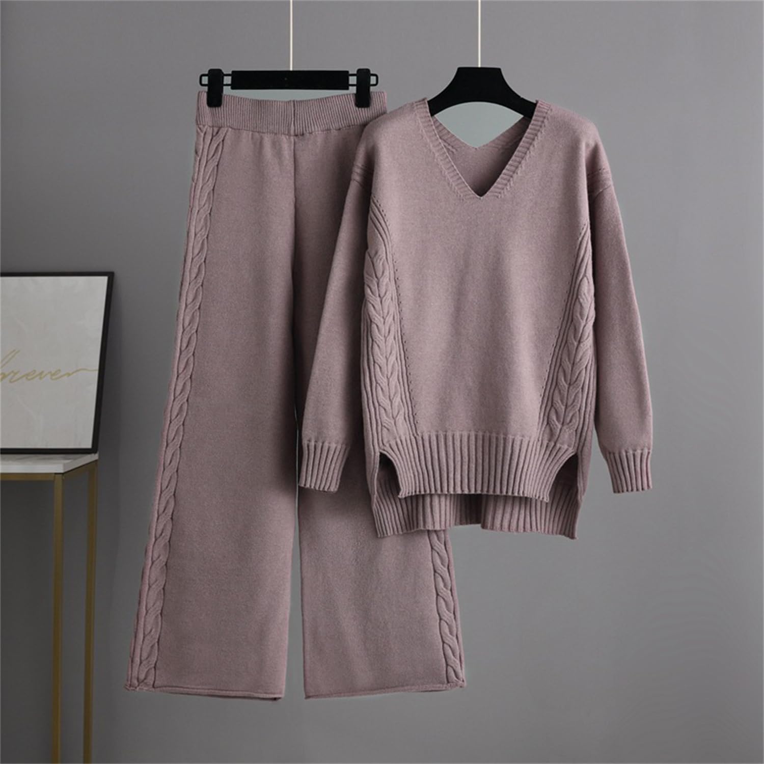 Ensemble de costume tricoté pour femme, ensembles de tenues de jogging 2 pièces, pull tricoté + pantalon large, combinaison de sport, survêtement, ensemble de vêtements de détente tendance