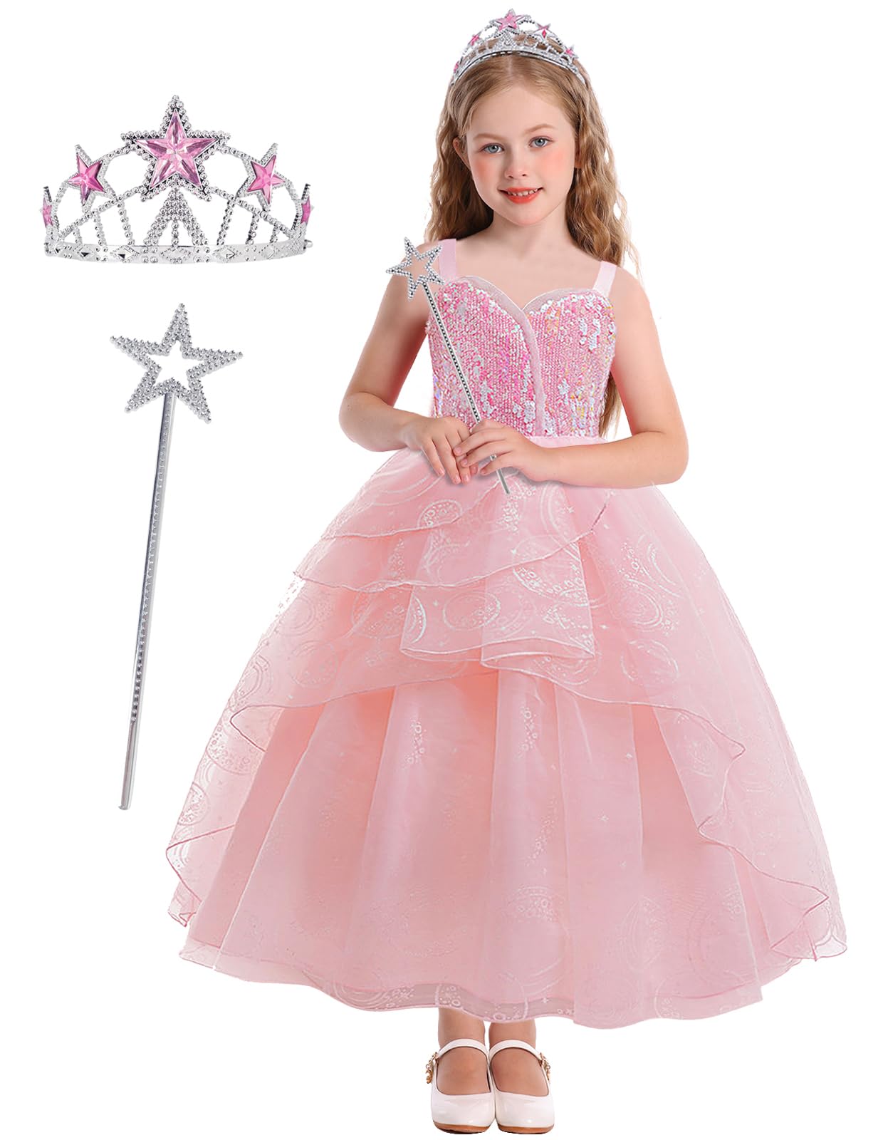 Marendyee Princess Costumes for Girls Kids World Book Day Costume Pink Witch Costume Sequin Dress Bubble Tulle Dresses Witches Cosplay with Crown Scepter Set Dressing up 9-10 Years