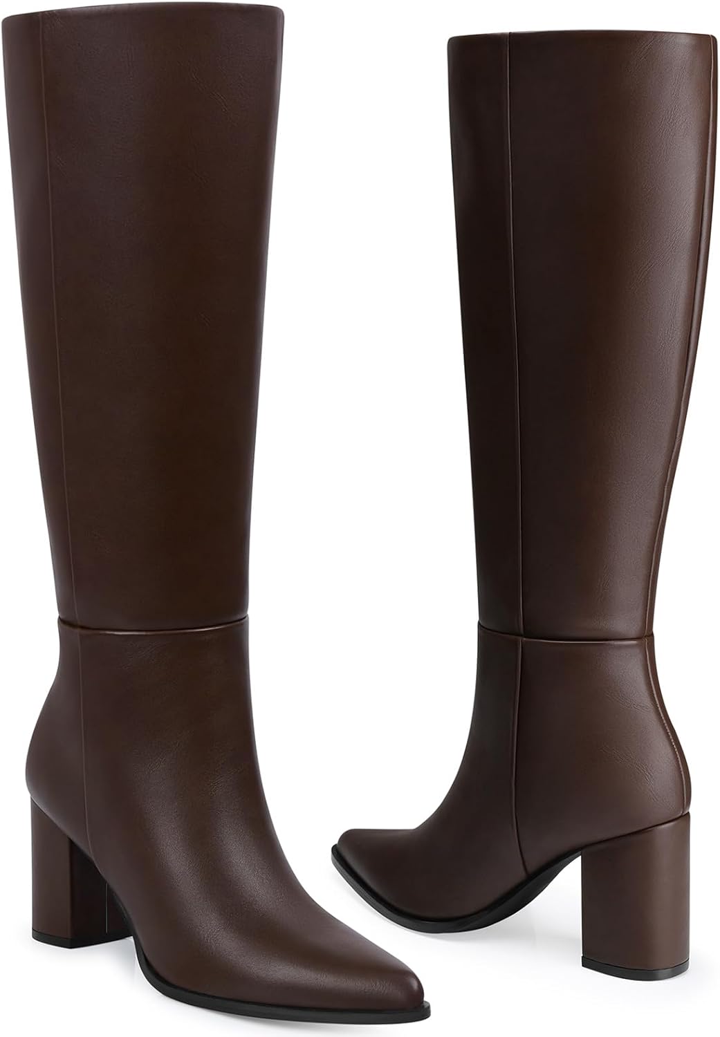 Women Knee High Boots: Comfort Pointy Toe Casual Boot - Brown Leather Chunky Heel - Tall Calf Walking Boots Size 11 - Image 3