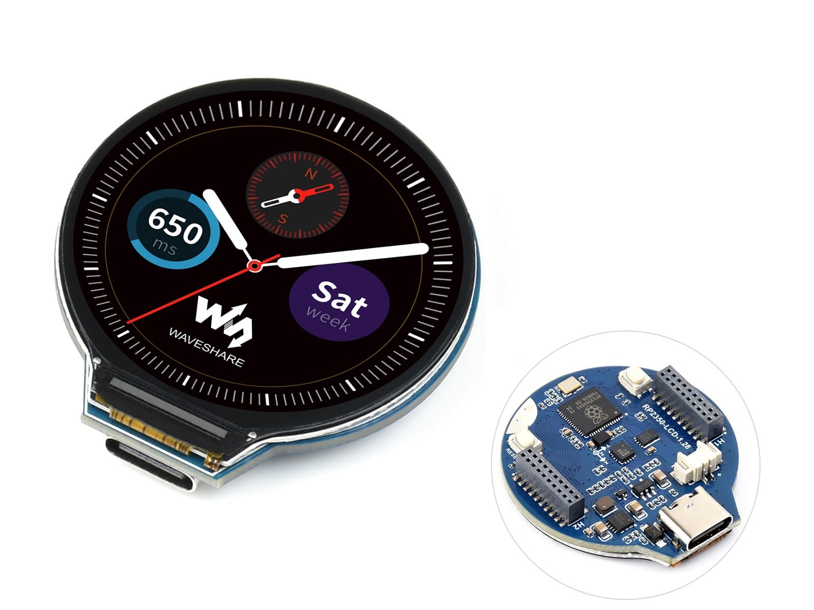 RP2350 MCU Board with 1.28 inch Round LCD Display Module 240 x 240 Resolution 65K Colours IPS Screen Based on Raspberry Pi RP2350, 6-Axis Sensor,USB Type-C Connector