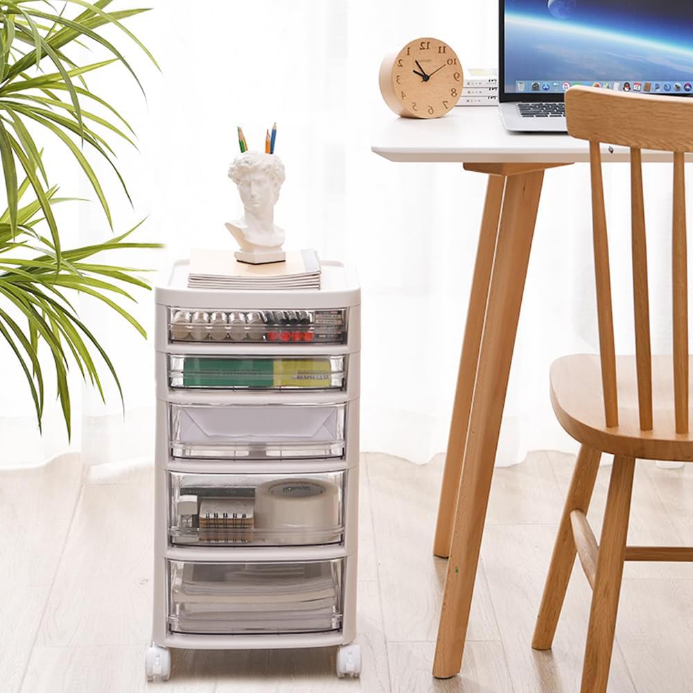 Kuber Industries 5 Layer Cosmetic Cabinet with Trolley|5-Tier Rolling Cart|Shelf Stand With Drawer|White