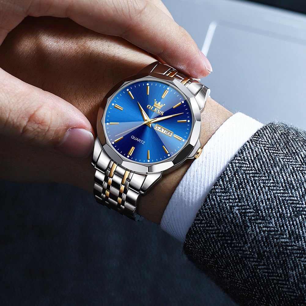 OLEVS Watch for Men Analog Quartz Dress Diamond Business Watches Two Tone Stainless Steel Waterproof Luminous Date Luxury Wrist Watch Gold White 1