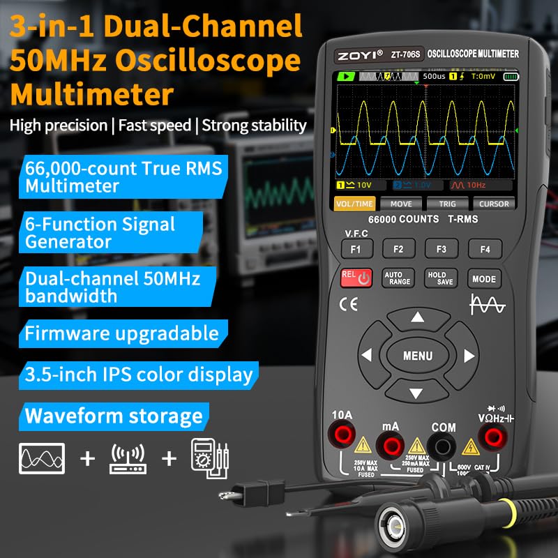 ZT-706S Multimetro oscilloscopio 3 in 1, larghezza di banda 50 MHz, display 66000 conteggi, generatore di segnale 10 m, riparazione elettricista (ZT-706S)