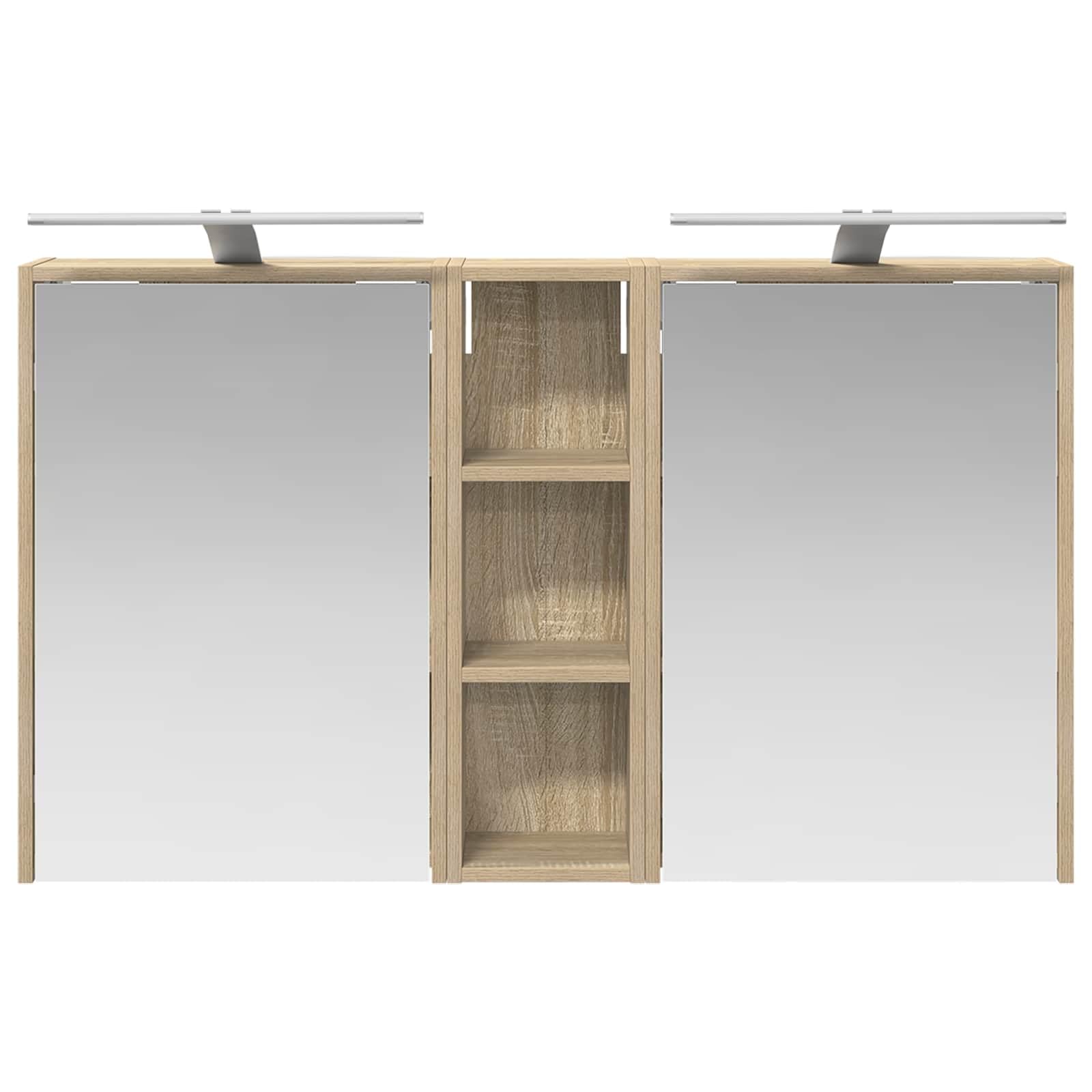 Lot de 3 armoires de salle de bain en bois 106 x 16 x 62,5 cm avec éclairage LED, montage mural, miroir bidirectionnel, espace de rangement, meubles de salle de bain pour invités WC et salle