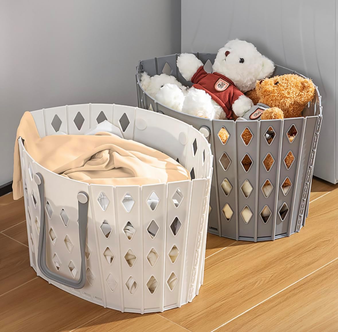 Collapsible Plastic Laundry Basket. Wall Hanging Storage Basket. Foldable Pop Up Storage Container/Organizer. Multi-function Storage. Portable Washing Tub. Space Saving Hamper (1, White/Grey)